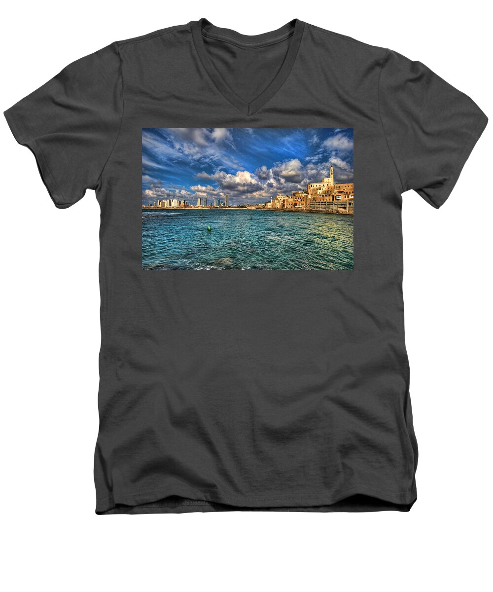 Old City Men's V-Neck T-Shirt featuring the photograph Tel Aviv Jaffa shoreline by Ron Shoshani
