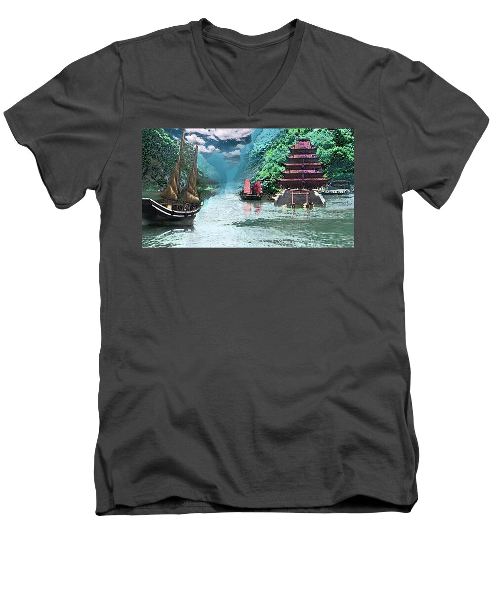 Landscape Men's V-Neck T-Shirt featuring the digital art Temple on the Yangzte by Steve Karol