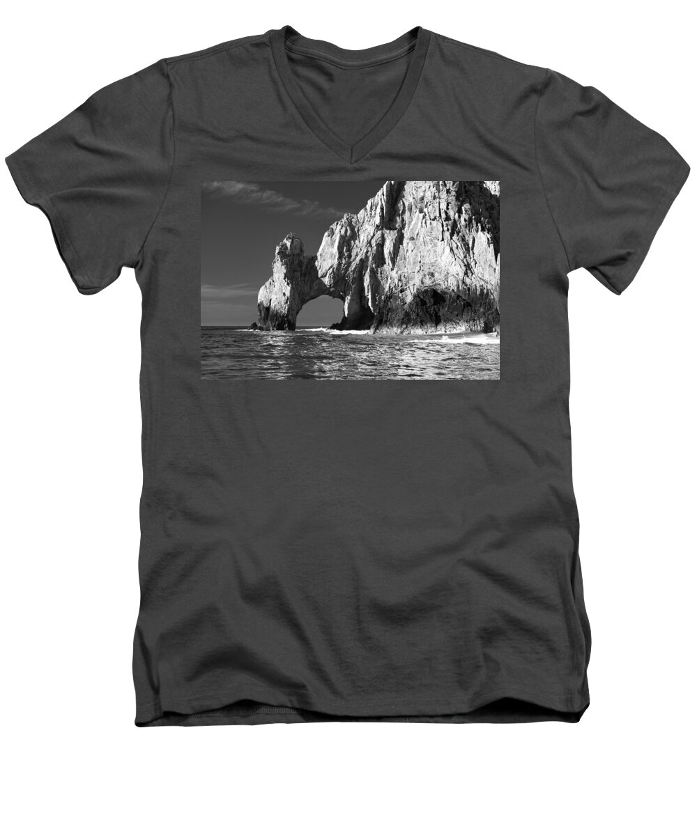 Los Cabos Men's V-Neck T-Shirt featuring the photograph The Arch Cabo San Lucas in Black and White by Sebastian Musial
