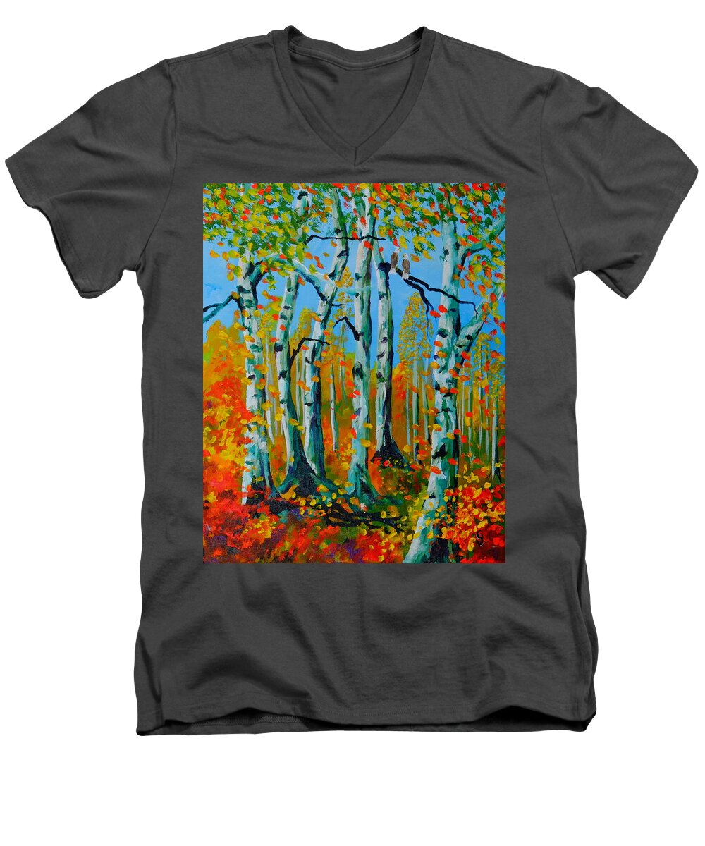 Aspen Trees Canvas Prints Men's V-Neck T-Shirt featuring the painting The Aspens by Cheryl Nancy Ann Gordon