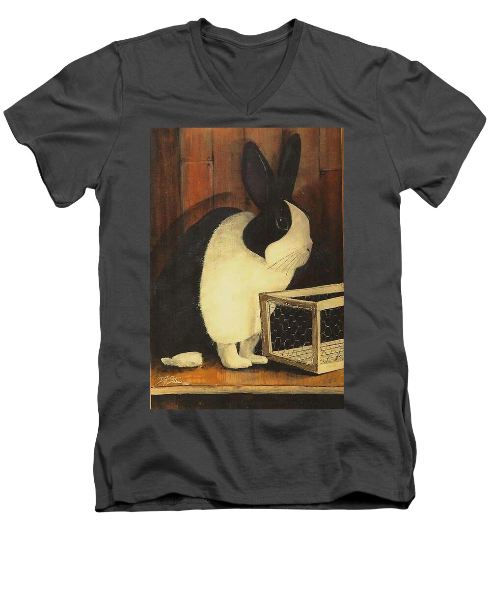 Images Men's V-Neck T-Shirt featuring the painting The Black and White Dutch Rabbit 2 by Diane Strain