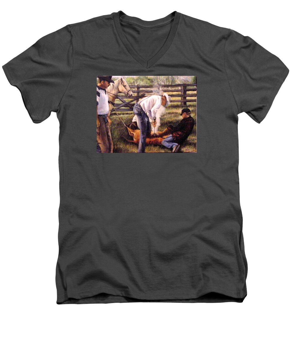 Nature Men's V-Neck T-Shirt featuring the painting The Branding by Donna Tucker