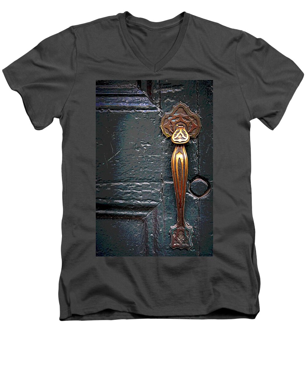 Door Men's V-Neck T-Shirt featuring the photograph The Brass Latch by Nadalyn Larsen