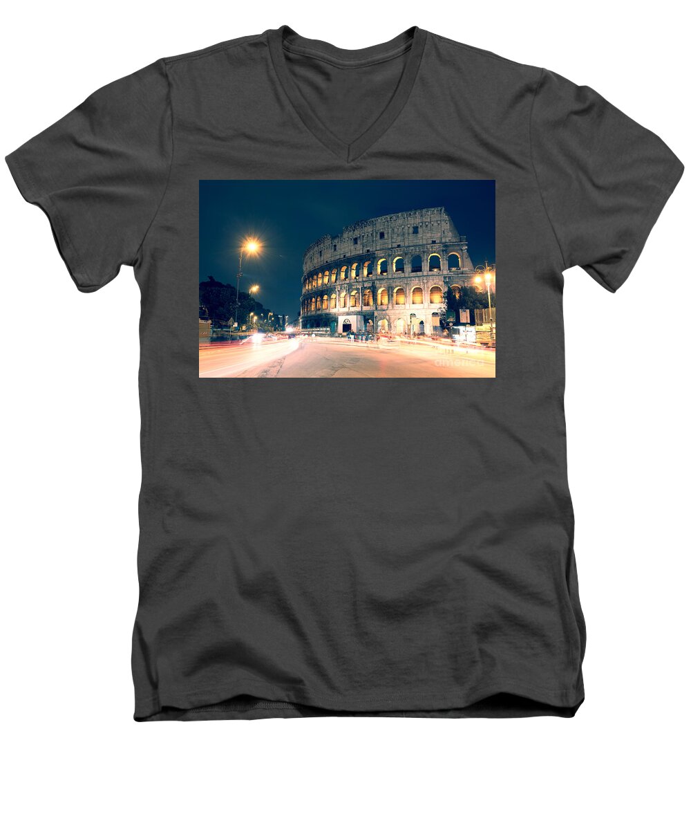 Colosseum Men's V-Neck T-Shirt featuring the photograph The colosseum at night by Matteo Colombo