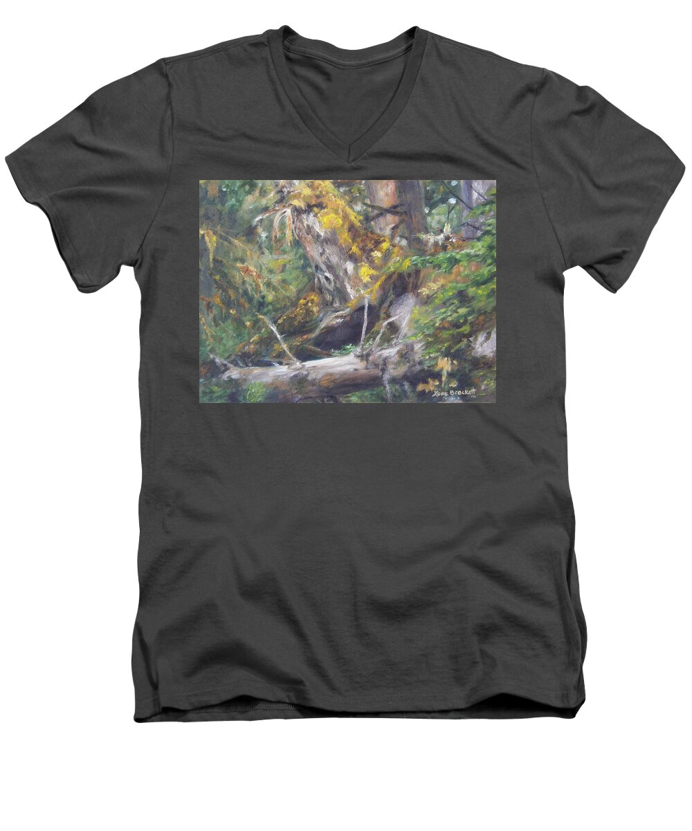 Landscape Men's V-Neck T-Shirt featuring the painting The Crying Log by Lori Brackett