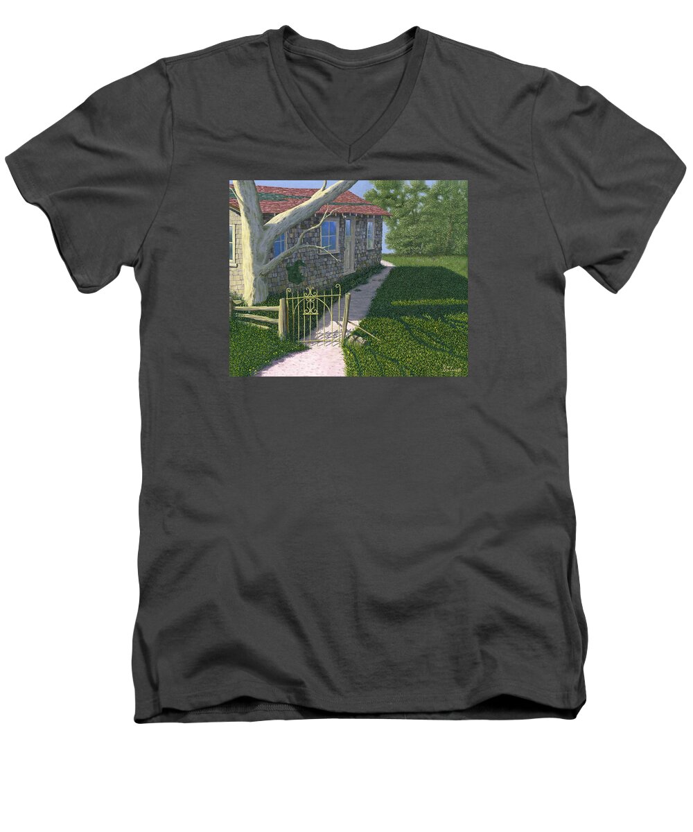 Old Farm Men's V-Neck T-Shirt featuring the painting The Iron Gate by Gary Giacomelli
