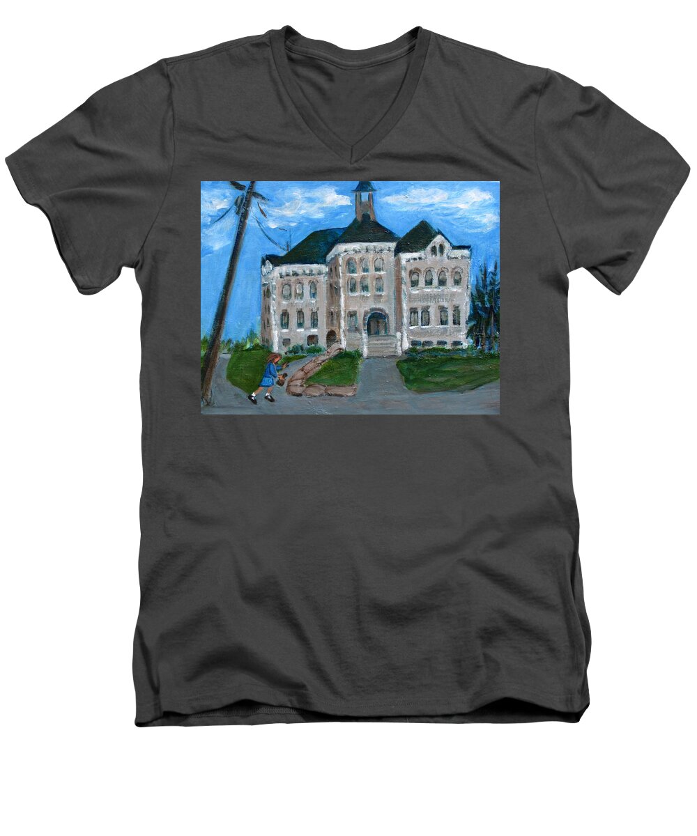 Painting Of Canajoharie Landmark Men's V-Neck T-Shirt featuring the painting The Last Bell at West Hill School by Betty Pieper