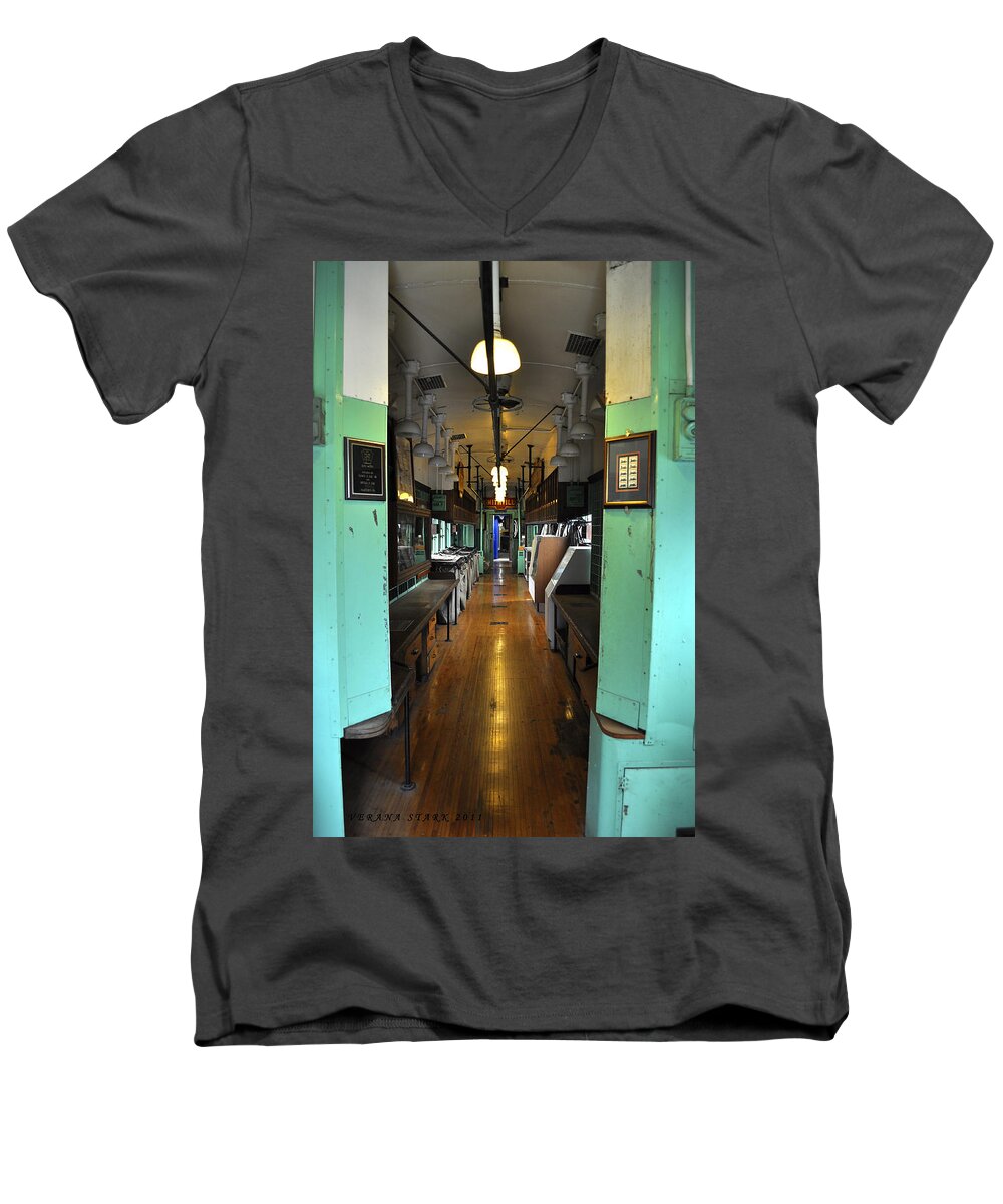 Mail Men's V-Neck T-Shirt featuring the photograph The Mail Car from the series View of an Old Railroad by Verana Stark