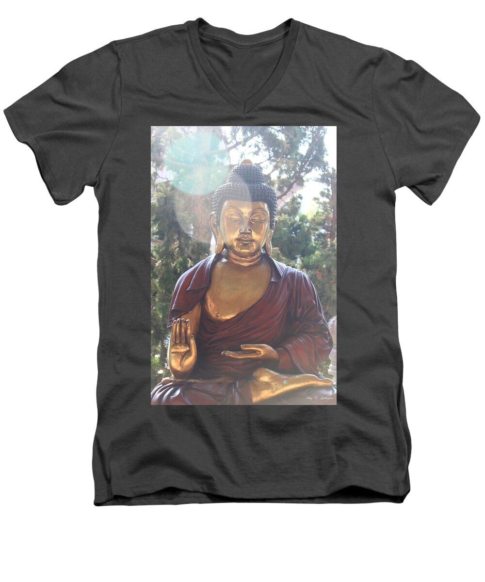 Mystical Men's V-Neck T-Shirt featuring the photograph The Mystical Golden Buddha by Amy Gallagher