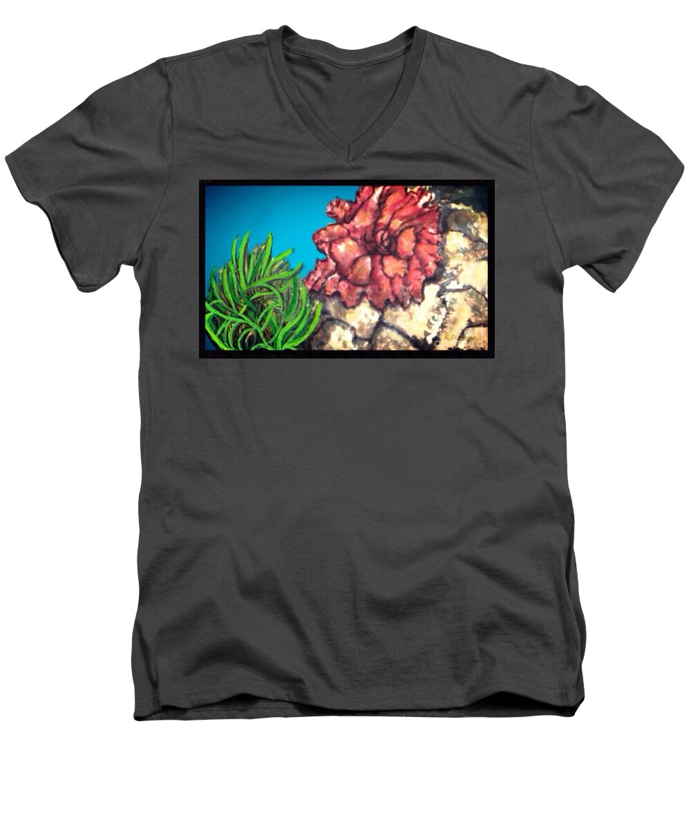 Nature Water Scene Blue Green Golden Orange Coral Sea Anemones Blue Water Taupe Sand Men's V-Neck T-Shirt featuring the painting The Odd Couple Two Very Different Sea Anemones Cohabitat by Kimberlee Baxter