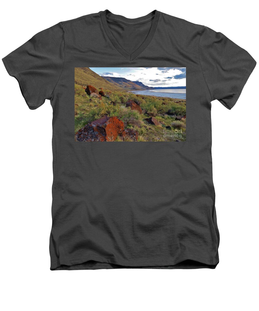 Lake Abert Men's V-Neck T-Shirt featuring the photograph The Orange Lichen Rocks of Lake Abert by Michele Penner