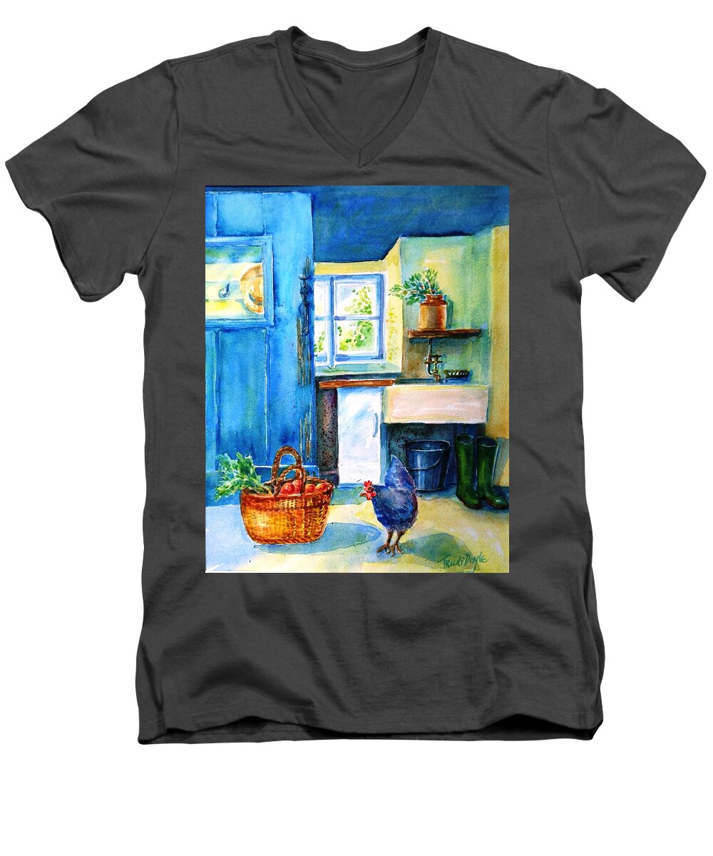 Kitchen Men's V-Neck T-Shirt featuring the painting The Scullery by Trudi Doyle