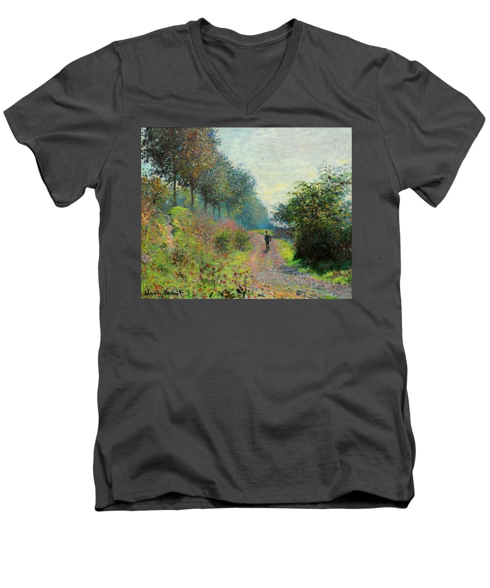 1873 Men's V-Neck T-Shirt featuring the painting The Sheltered Path by Claude Monet
