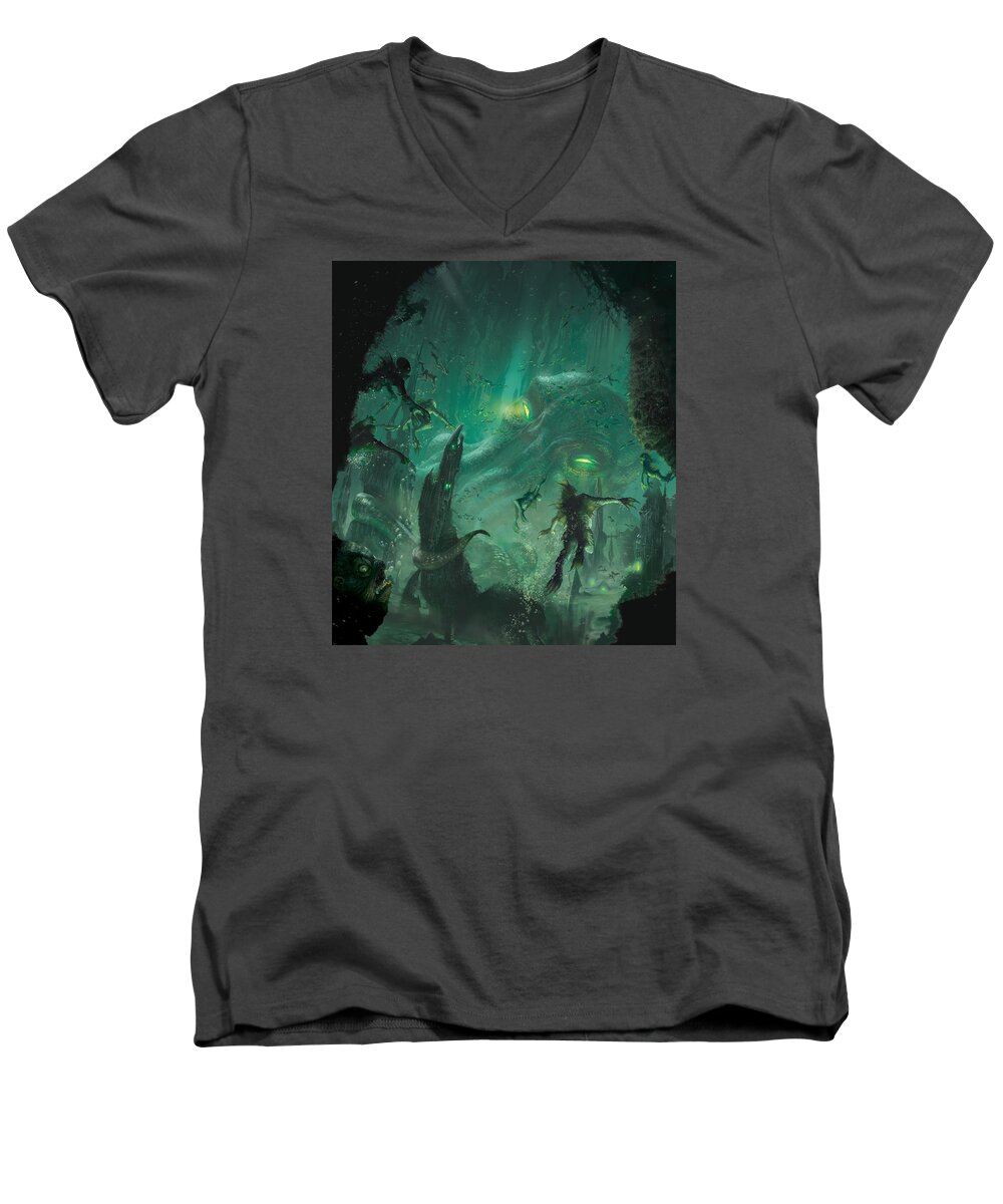 Cthulhu Men's V-Neck T-Shirt featuring the digital art The Sleeper Below by Ryan Barger