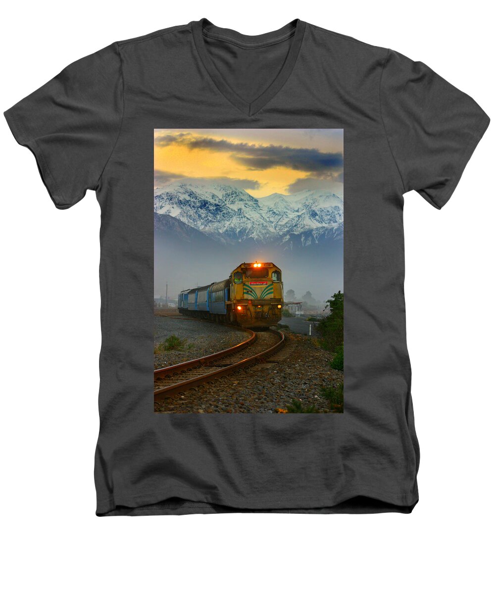 Exotic Rail Men's V-Neck T-Shirt featuring the photograph The Southerner Train New Zealand by Amanda Stadther