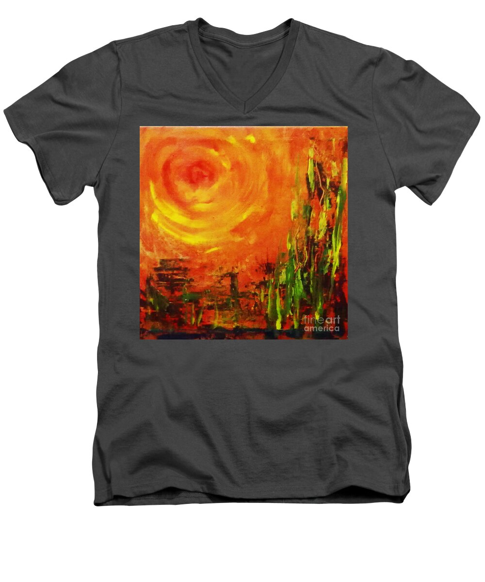 Abstract Men's V-Neck T-Shirt featuring the painting The Sun at the end of the world by Asha Sudhaker Shenoy