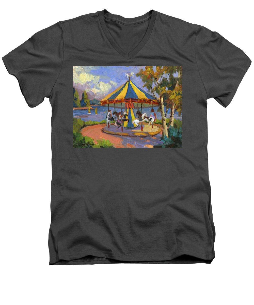 Carousel Men's V-Neck T-Shirt featuring the painting The Village Carousel at Lake Arrowhead by Diane McClary