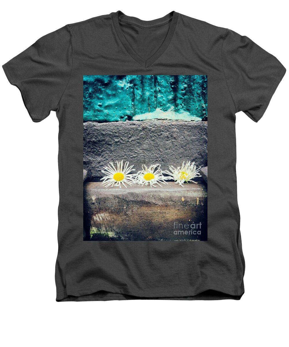 Copy Space Men's V-Neck T-Shirt featuring the photograph Three daisies stuck in a door by Silvia Ganora