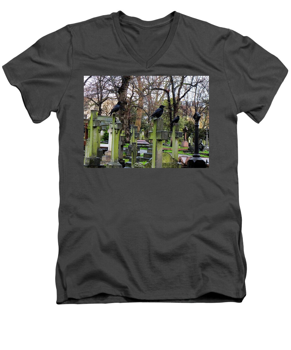 Brompton Cemetery Men's V-Neck T-Shirt featuring the photograph Three Ravens by Gia Marie Houck