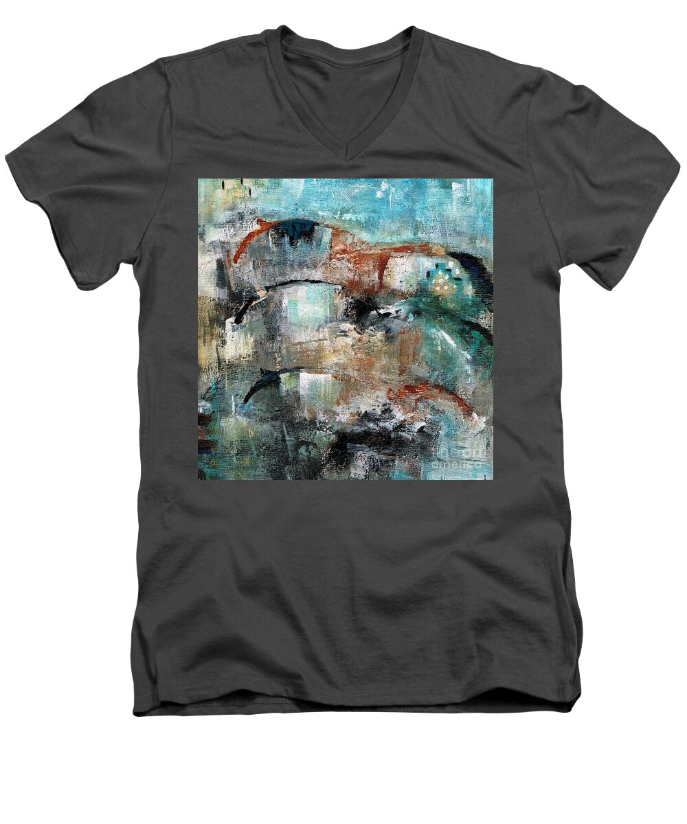 Southwest Art Men's V-Neck T-Shirt featuring the painting Three Running Horses by Frances Marino