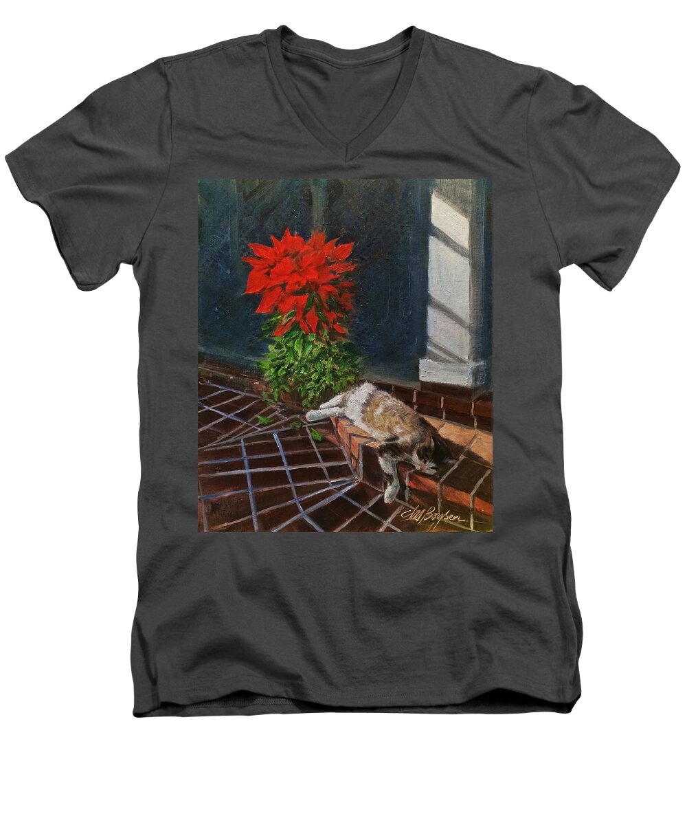 Cat Painting Men's V-Neck T-Shirt featuring the painting Tiger Lily in Repose by Maryann Boysen