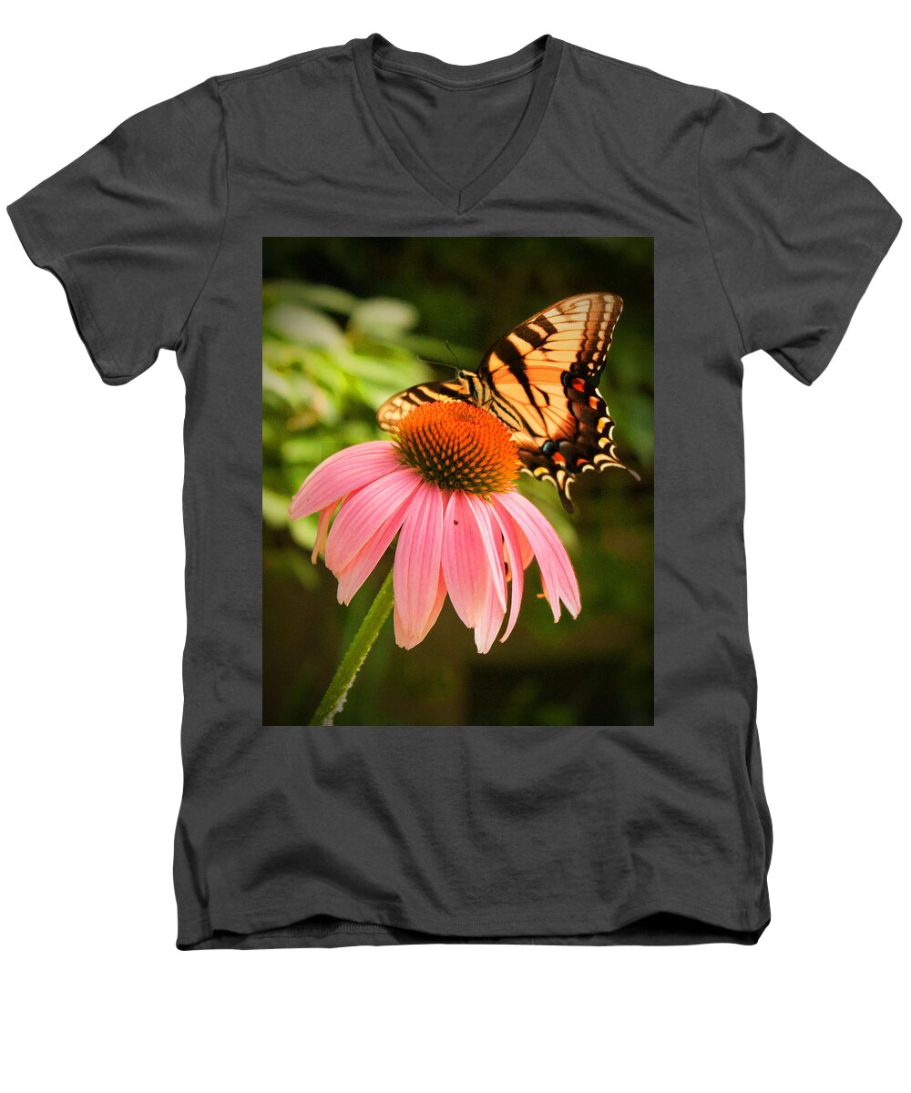 Tiger Swallowtail Butterfly Men's V-Neck T-Shirt featuring the photograph Tiger Swallowtail feeding by Michael Porchik