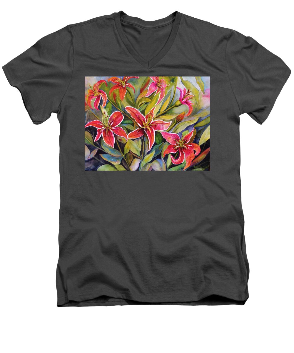 Tiger Lily Men's V-Neck T-Shirt featuring the painting Tigers In My Garden by Jane Ricker