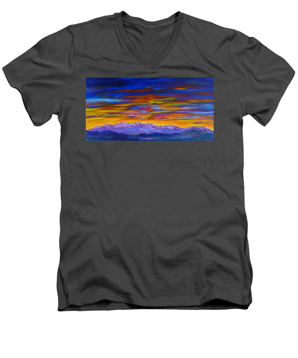 Sunset Paintings Men's V-Neck T-Shirt featuring the painting Tobacco Root Mountains Sunset by Cheryl Nancy Ann Gordon