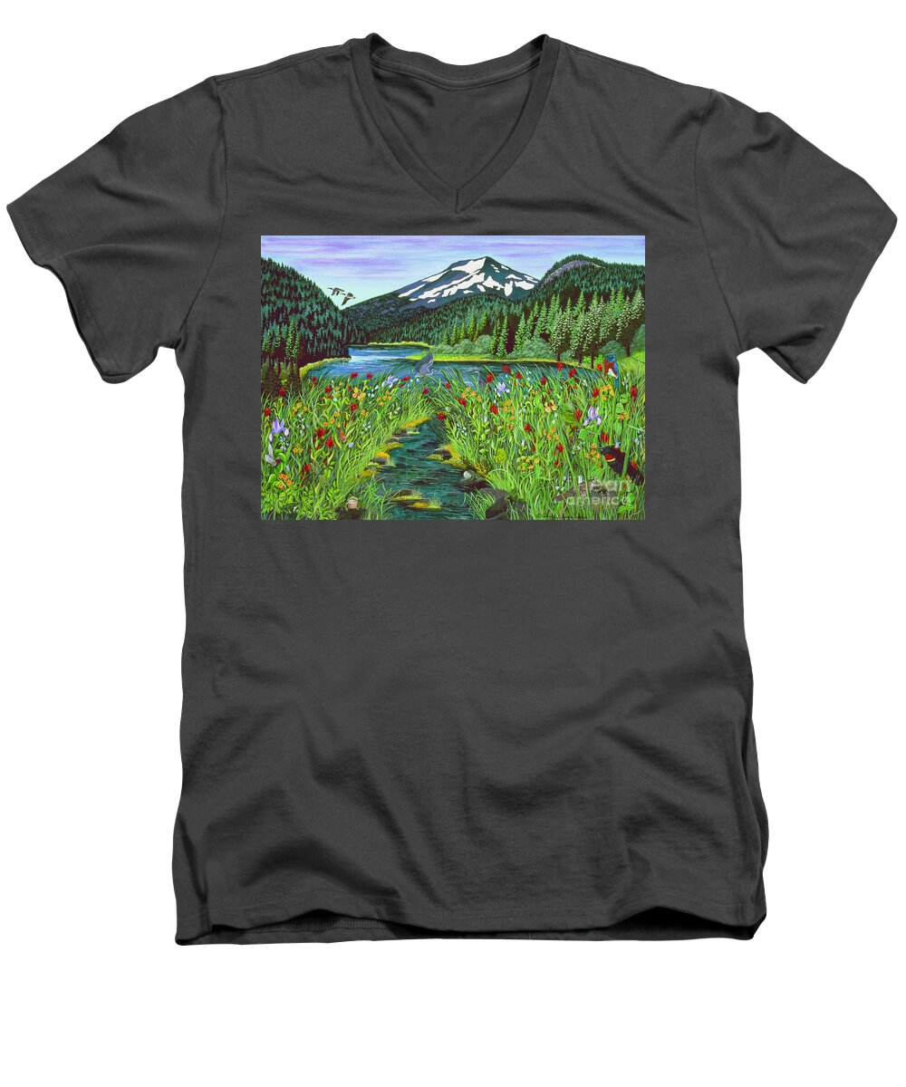 Mountain Lake Men's V-Neck T-Shirt featuring the painting Todd Lake Mt. Bachelor by Jennifer Lake