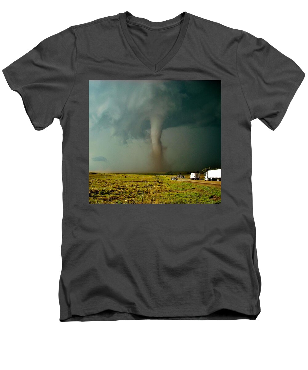 Tornado Men's V-Neck T-Shirt featuring the photograph Tornado Truck Stop II by Ed Sweeney