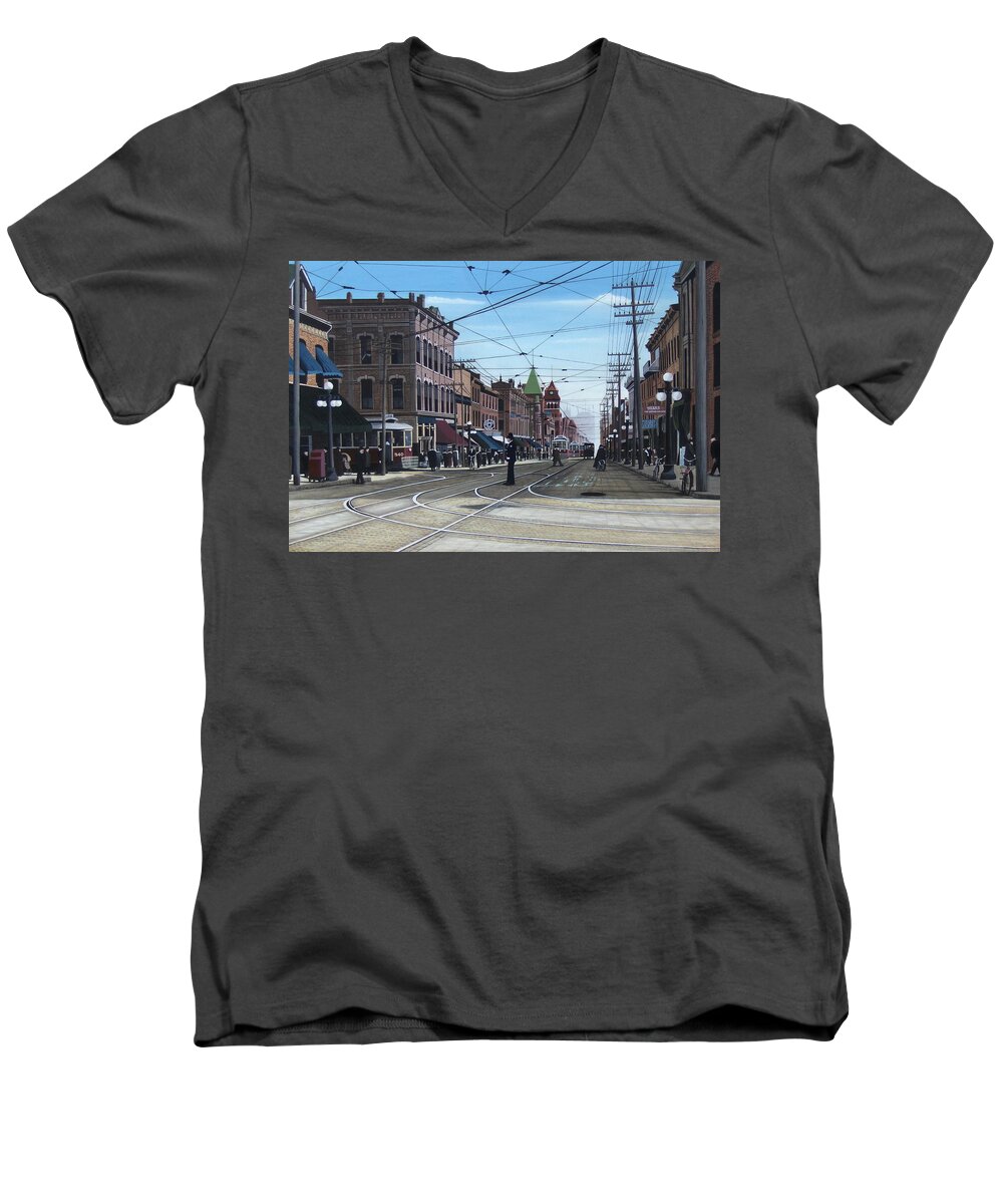 Streetscapes Men's V-Neck T-Shirt featuring the painting Toronto Yonge and College 1916 by Kenneth M Kirsch