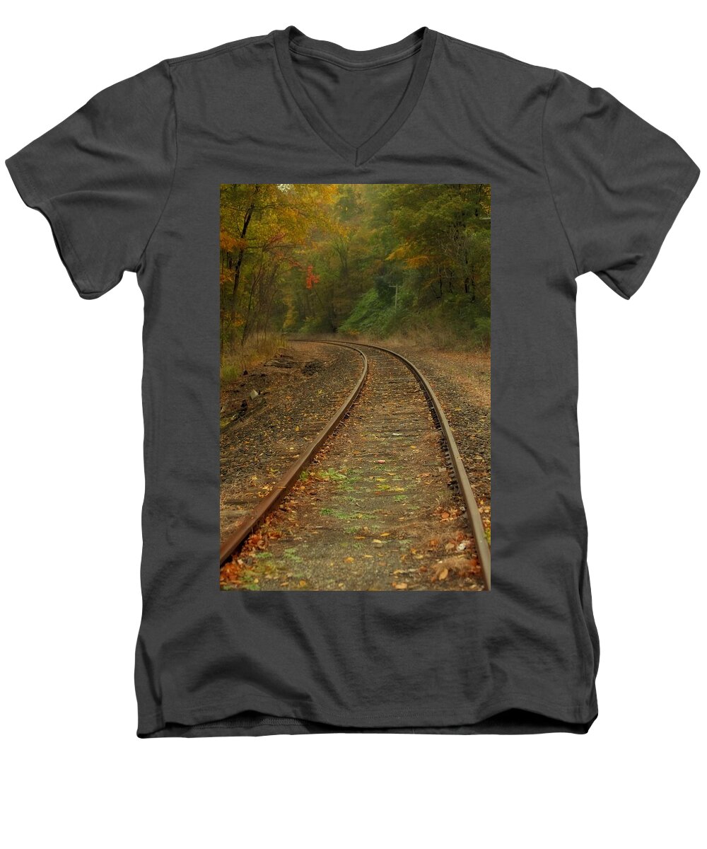 Train Men's V-Neck T-Shirt featuring the photograph Tracking thru the Woods by Karol Livote