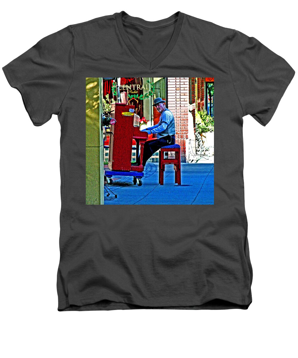 Playing The Blues Men's V-Neck T-Shirt featuring the digital art Traveling Piano Player by Joseph Coulombe