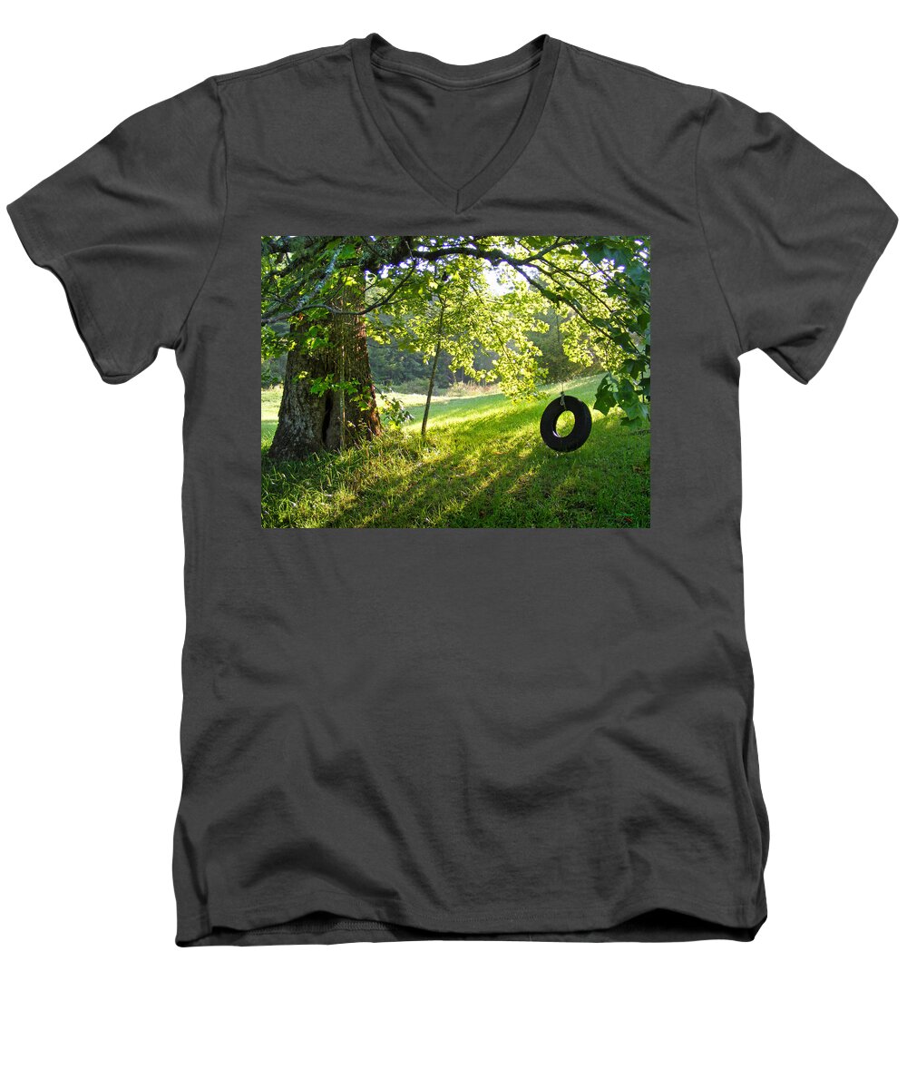 Trees Men's V-Neck T-Shirt featuring the photograph Tree and Tire Swing in Summer by Duane McCullough