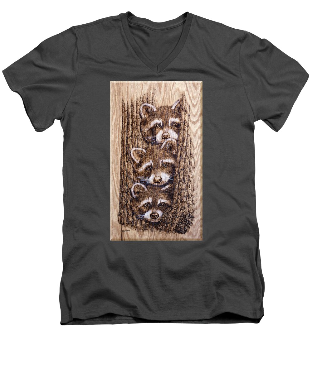 Tags Men's V-Neck T-Shirt featuring the pyrography Tres Amegos by Ron Haist