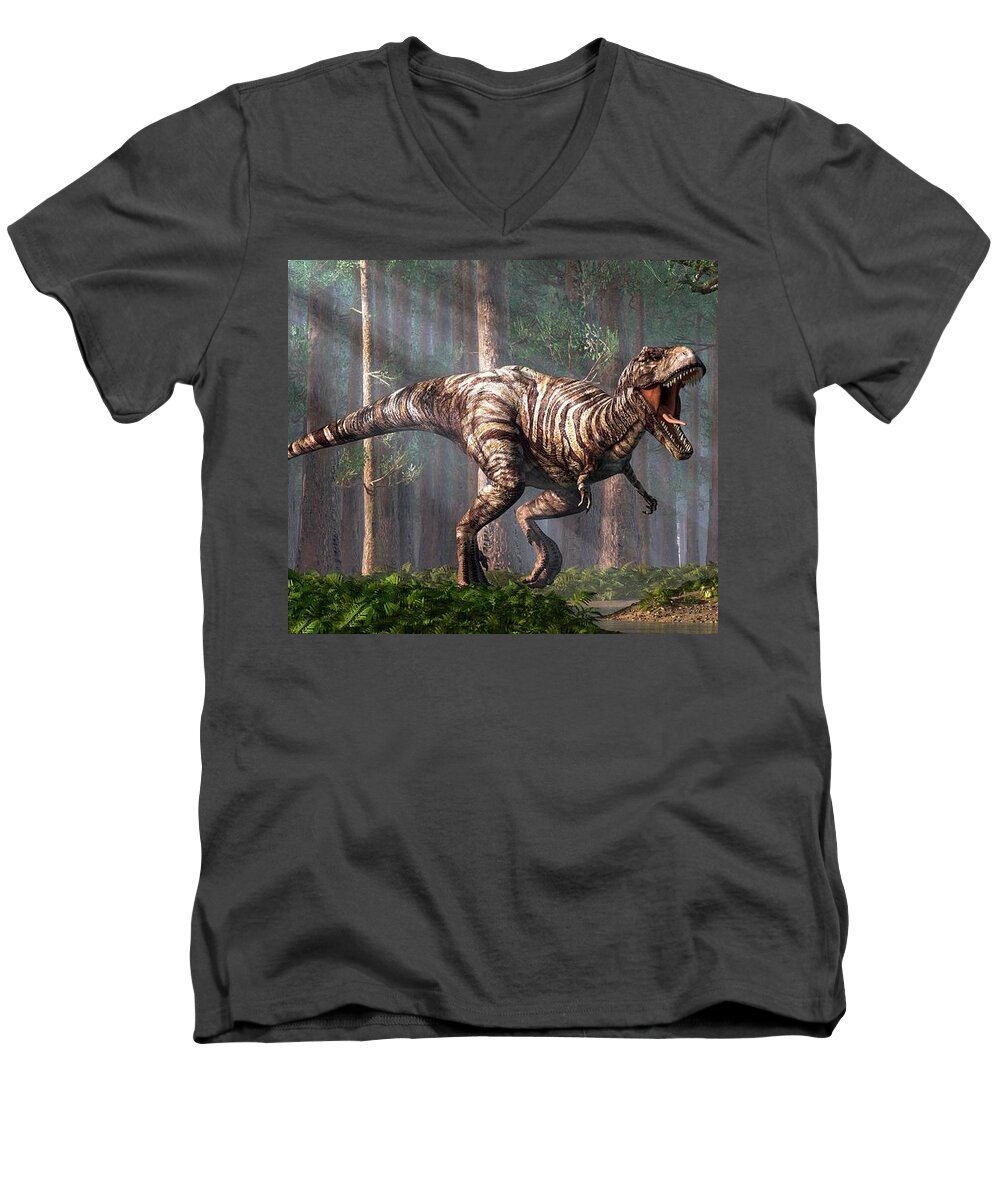 Tyrannosaurus Men's V-Neck T-Shirt featuring the digital art TRex in the Forest by Daniel Eskridge