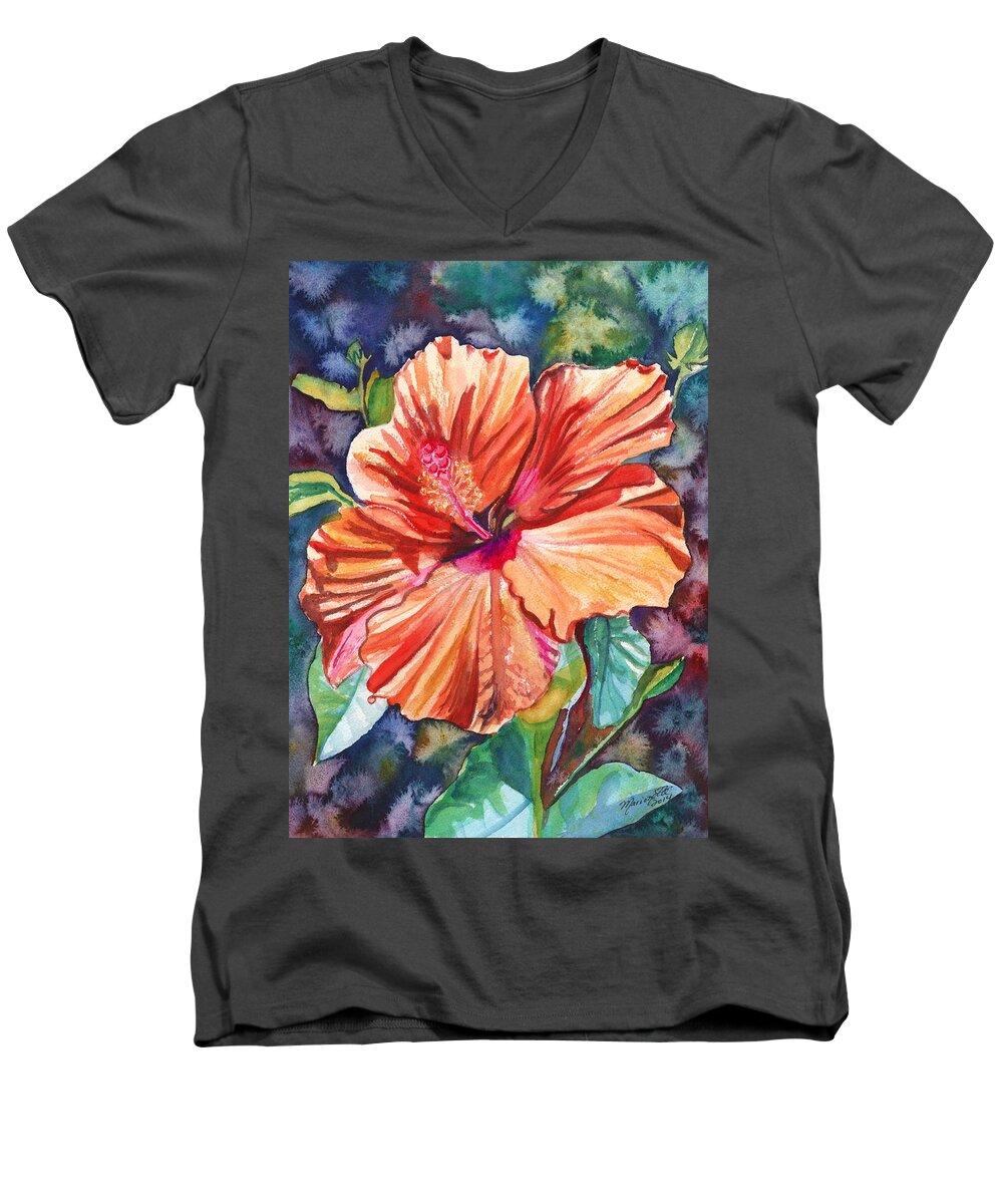 Hibiscus Men's V-Neck T-Shirt featuring the painting Tropical Hibiscus 5 by Marionette Taboniar