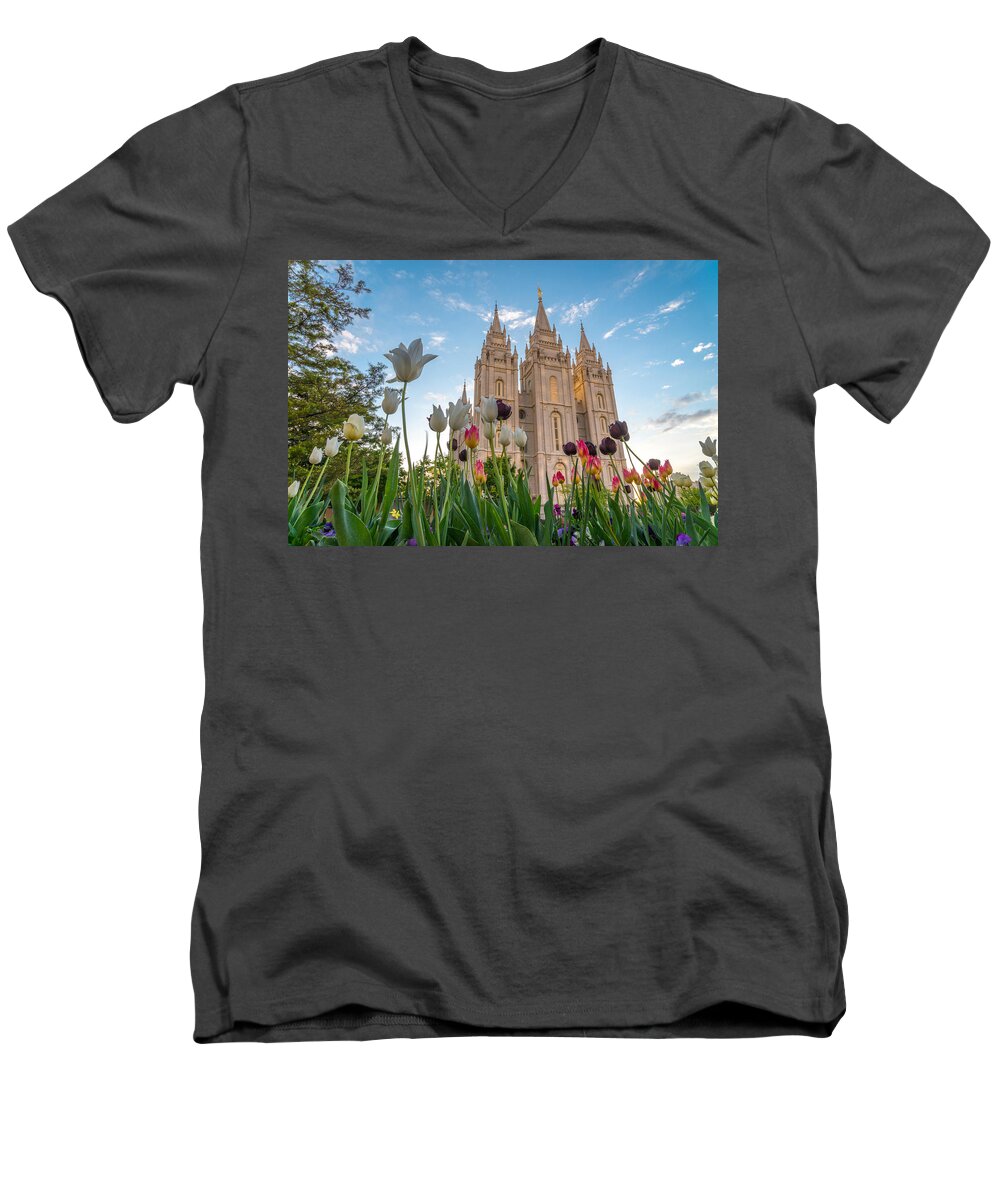 Utah Men's V-Neck T-Shirt featuring the photograph Tulips at the Temple by Dustin LeFevre