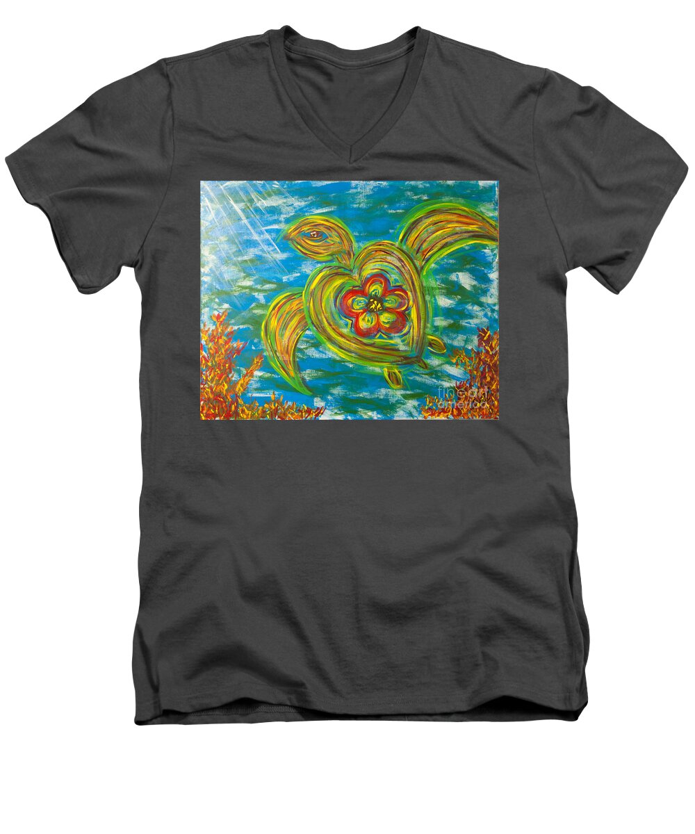 Seaturtle Men's V-Neck T-Shirt featuring the painting Turtle Love by Susan Cliett