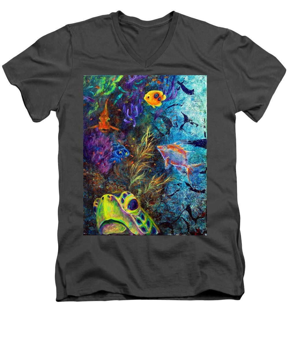 Sea Turtle Men's V-Neck T-Shirt featuring the painting Turtle Wall 3 by Ashley Kujan