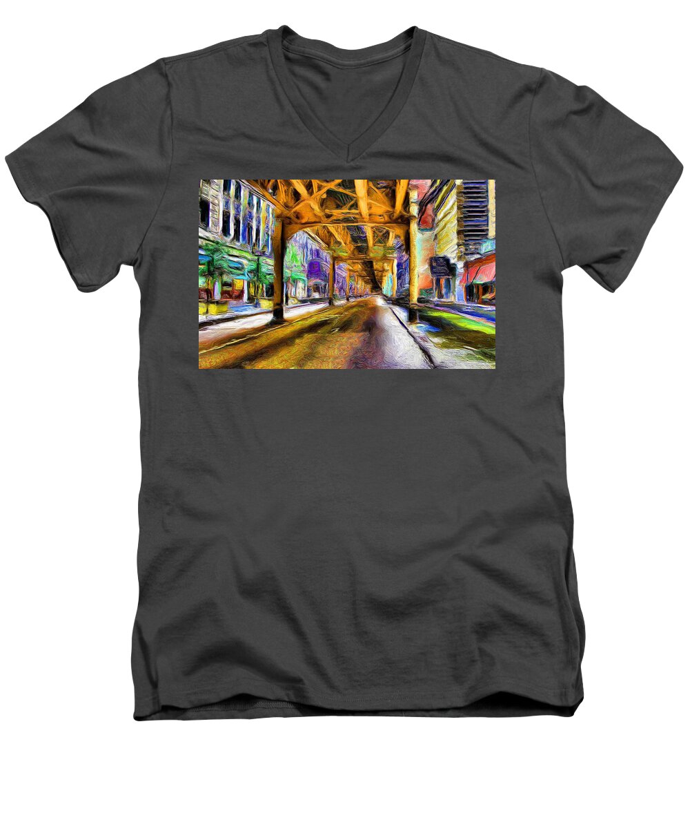 El Men's V-Neck T-Shirt featuring the painting Under The El - 20 by Ely Arsha