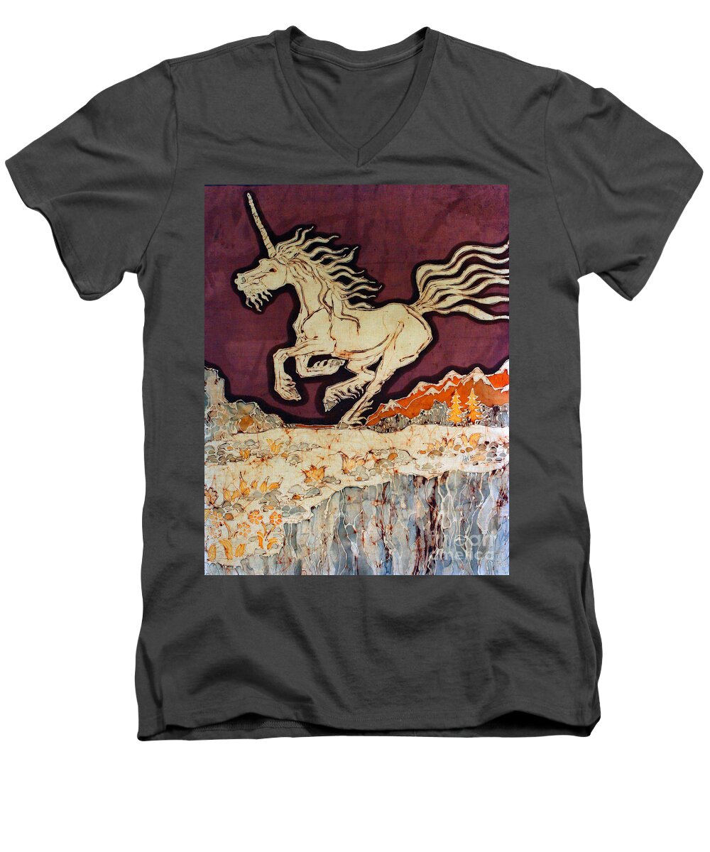 Unicorn Men's V-Neck T-Shirt featuring the tapestry - textile Unicorn Above Chasm by Carol Law Conklin