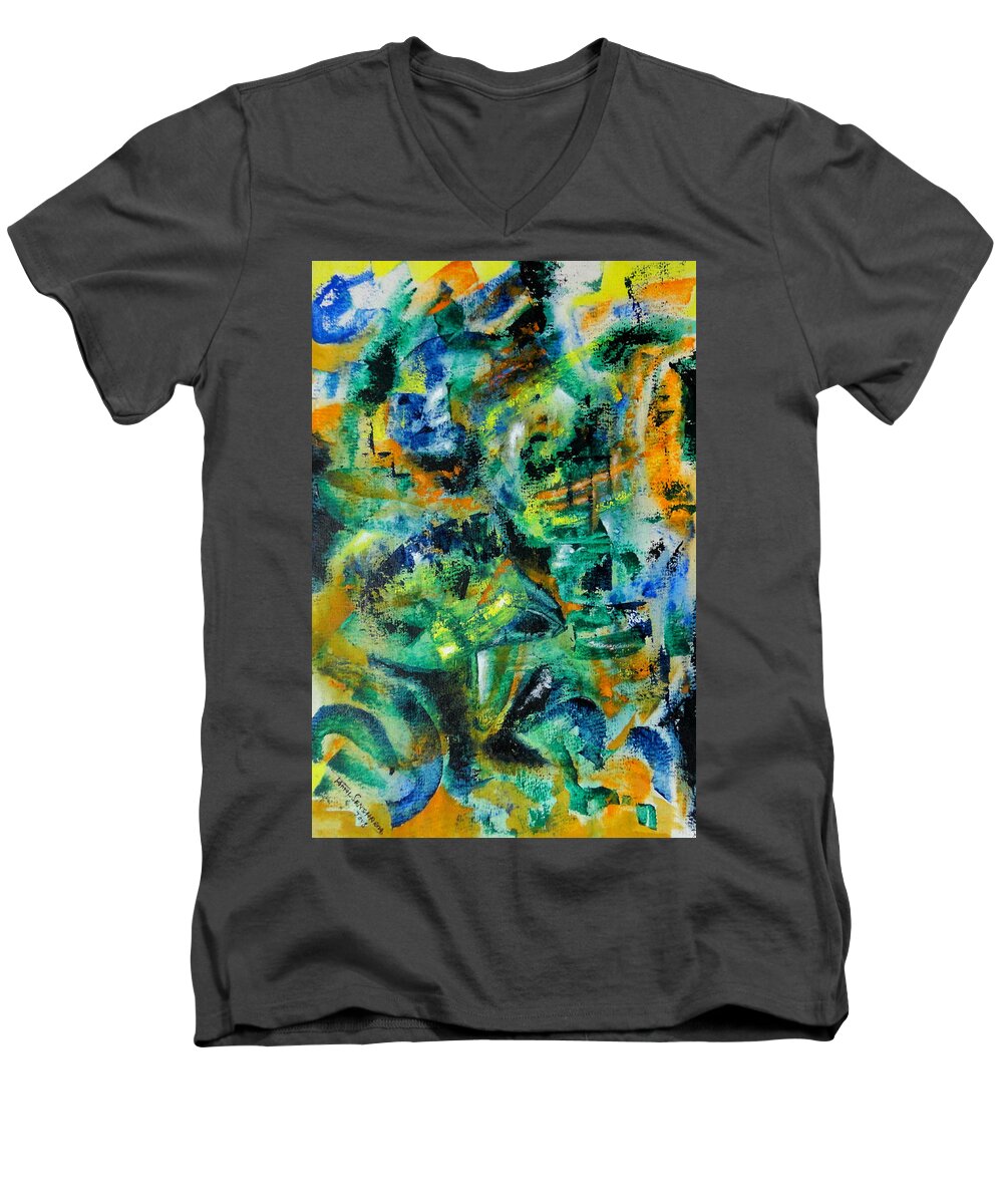 Art Men's V-Neck T-Shirt featuring the painting Virtual by Tamal Sen Sharma