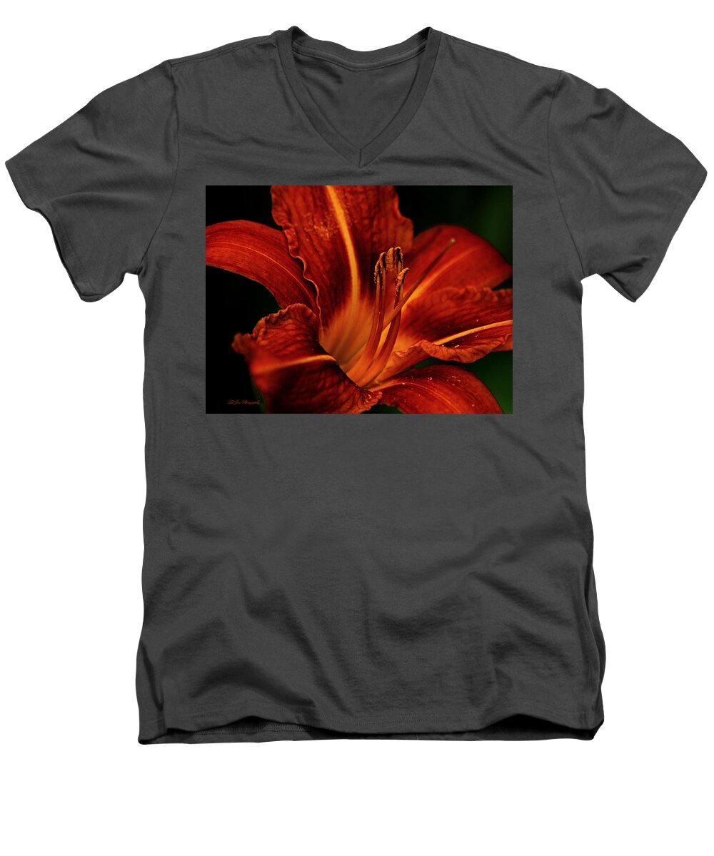 Lily Men's V-Neck T-Shirt featuring the photograph Up Close and Personal by Jeanette C Landstrom