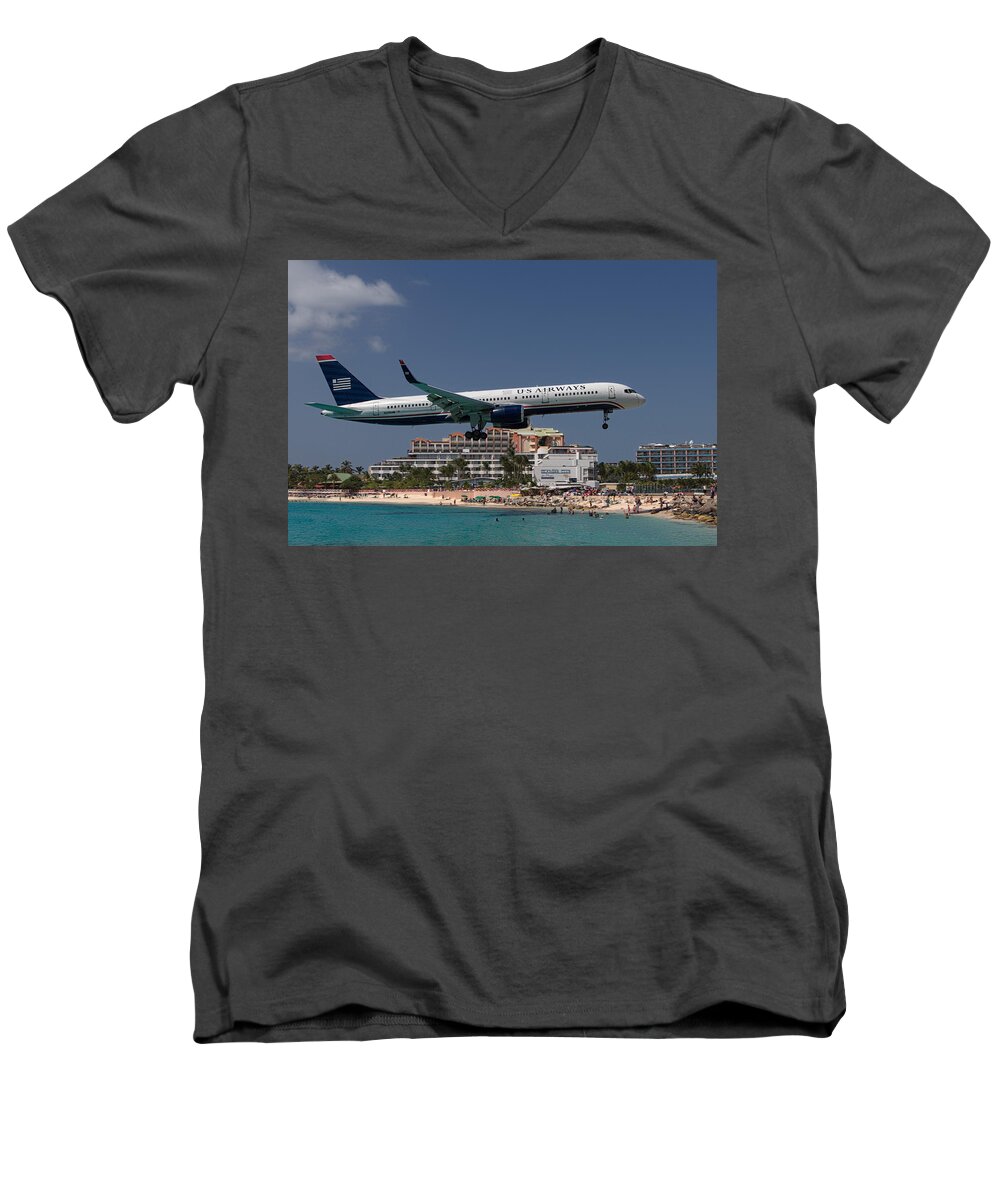 Us Men's V-Neck T-Shirt featuring the photograph U S Airways at St Maarten by David Gleeson