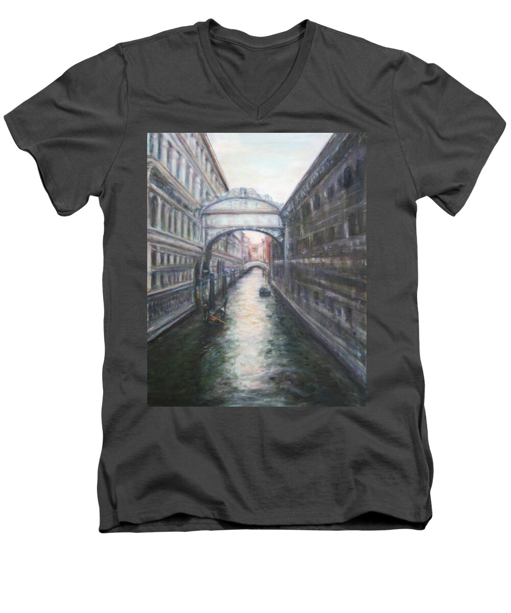 Boat Men's V-Neck T-Shirt featuring the painting Venice Bridge of Sighs - Original Oil Painting by Quin Sweetman