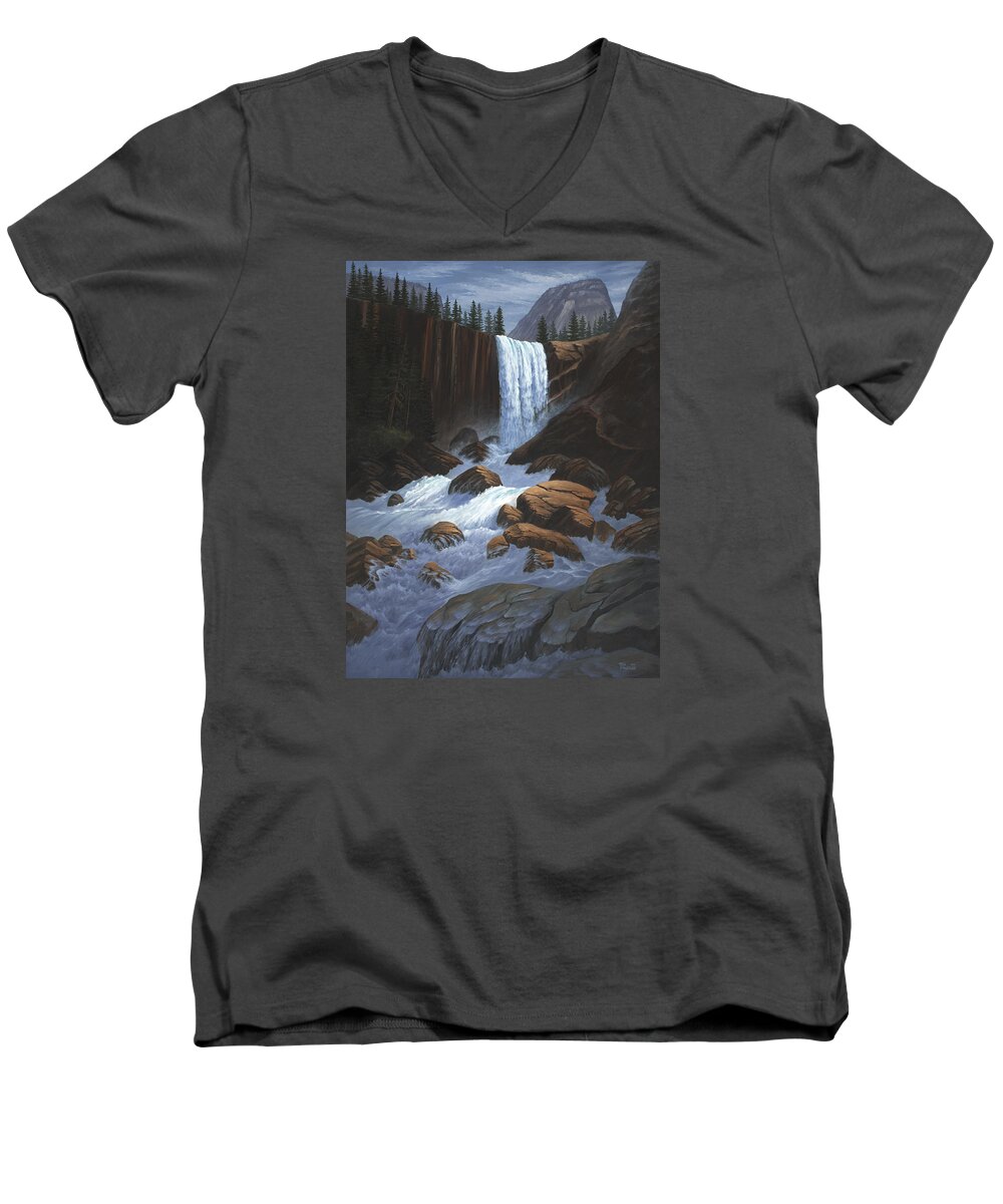 Waterfalls Men's V-Neck T-Shirt featuring the painting Vernal Falls Yosemite by Del Malonee