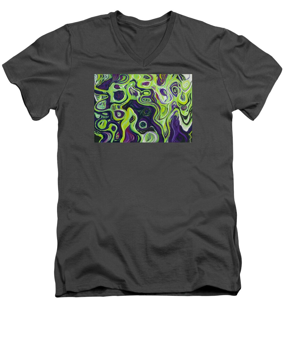 Purple Green Abstract Marbling Psychedelic Groovy Mineral Men's V-Neck T-Shirt featuring the pastel Violeta e Verde by Brenda Salamone