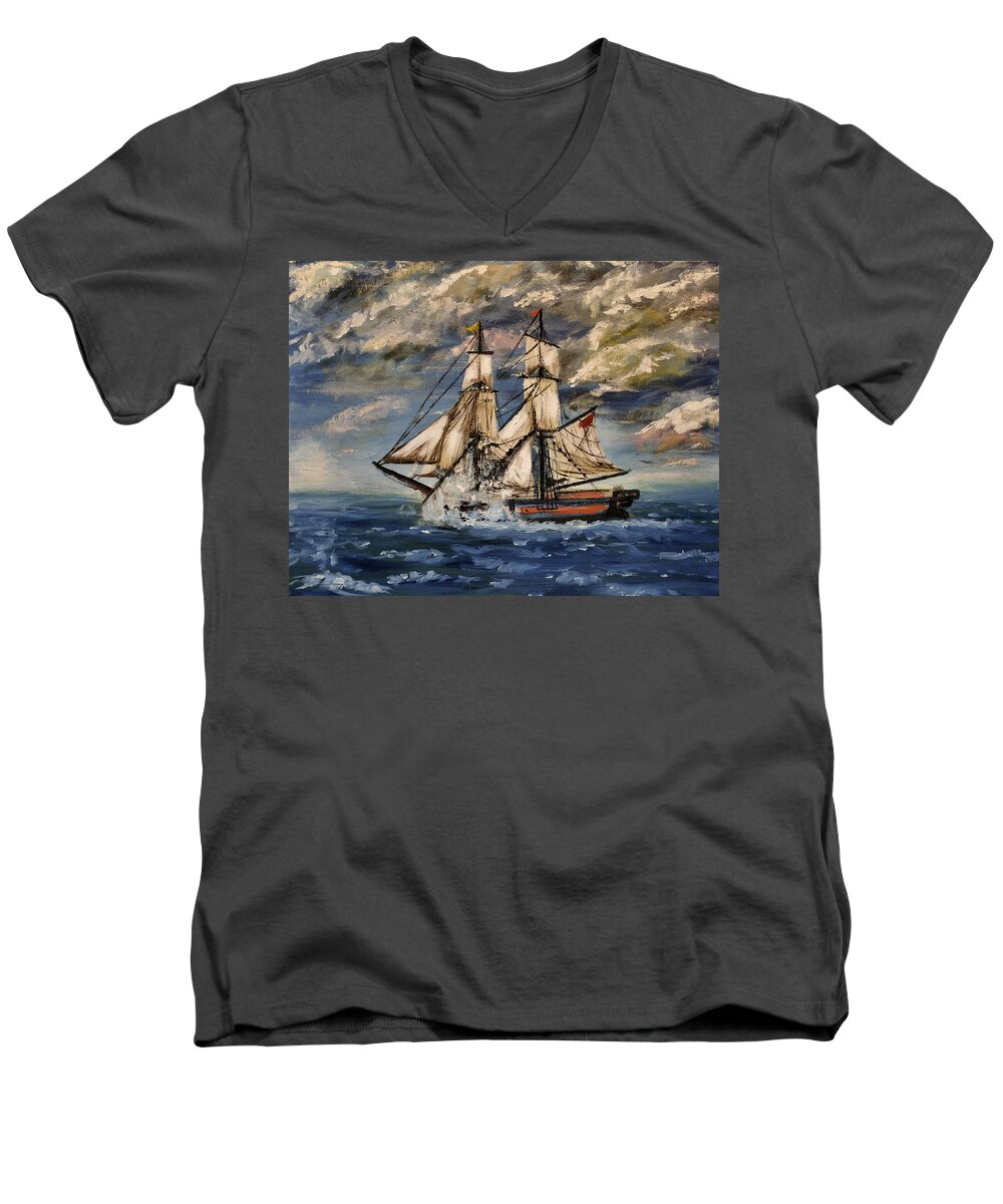 Galleon Men's V-Neck T-Shirt featuring the painting Voyage of the Cloud Chaser by Abbie Shores