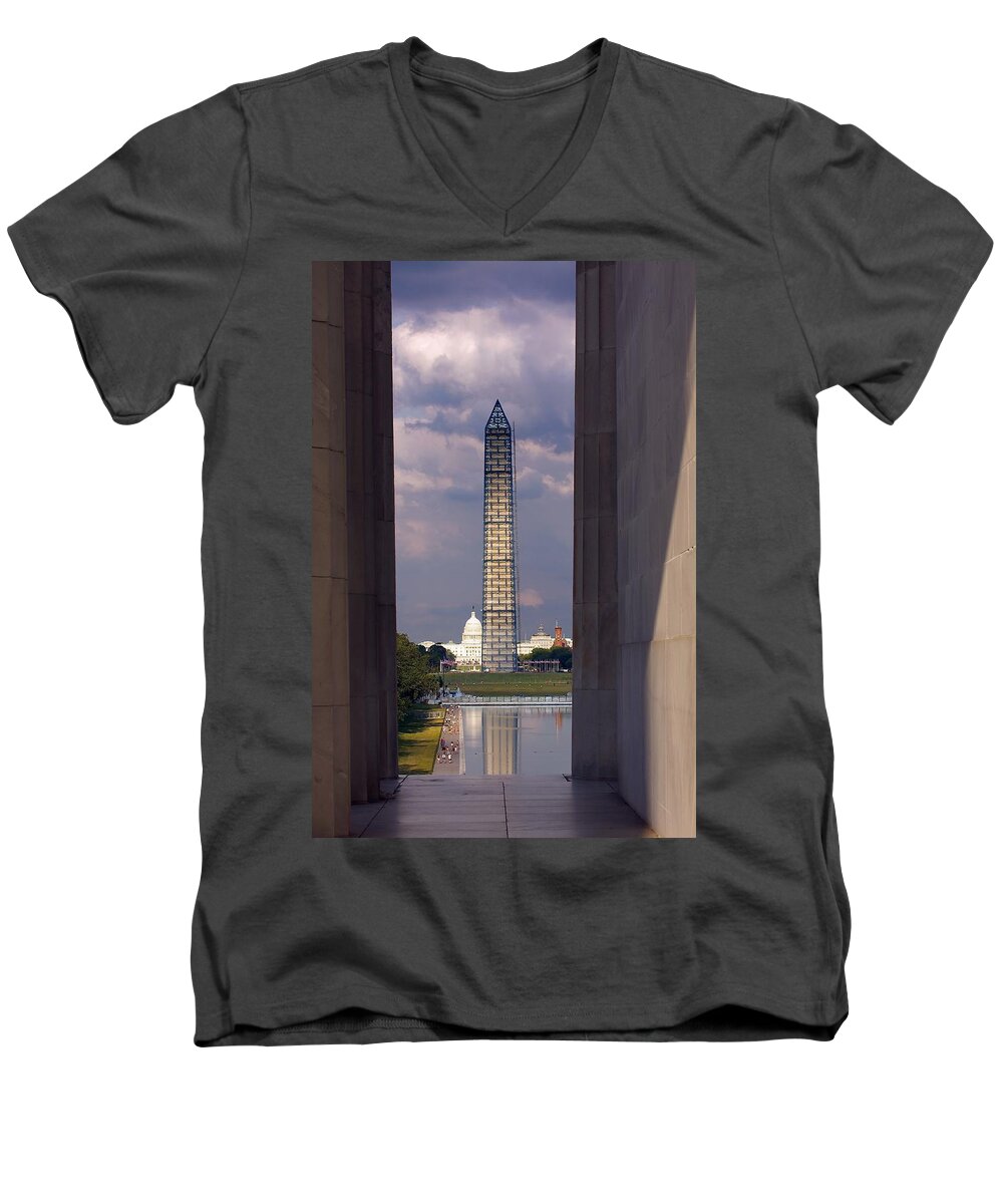American Men's V-Neck T-Shirt featuring the photograph Washington Monument and Capitol 2 by Stuart Litoff